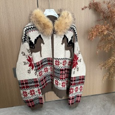 批发秋冬新品复古费尔岛小马提花毛领针织外套