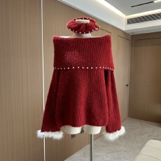 批发陈大钰新年红色针织衫露肩上衣女秋冬圣诞节氛围感穿搭一字肩毛衣