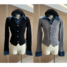 批发翻领牛仔拼接针织衫女韩国复古修身显瘦单排扣百搭假两件麻花毛衣