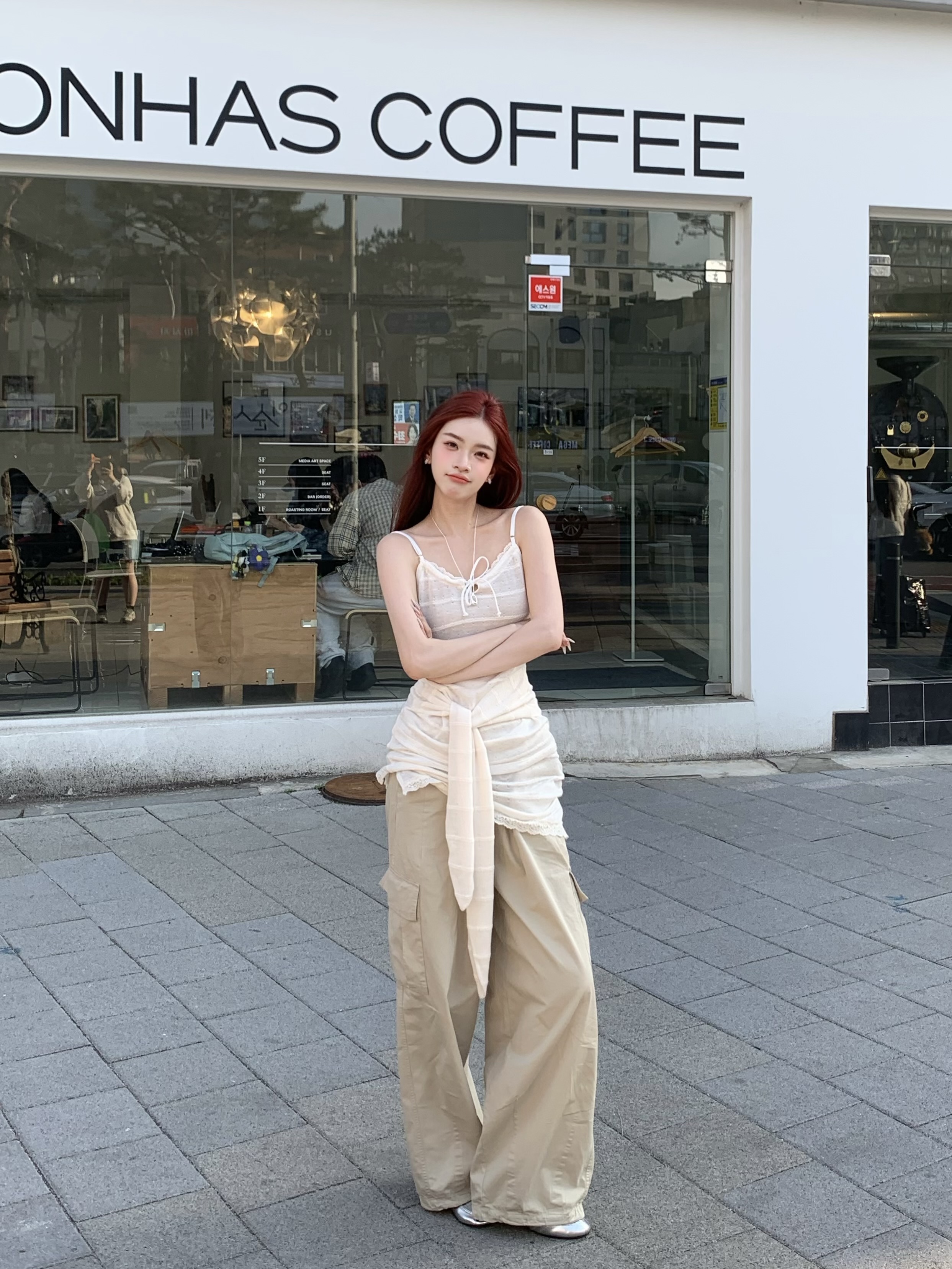 느슨함 센스 한국 스타일 레이스 캐미솔 방귀 커튼 드레스 스트레이트 넓은 다리 3 차원 자르기 캐주얼 바지 세트
