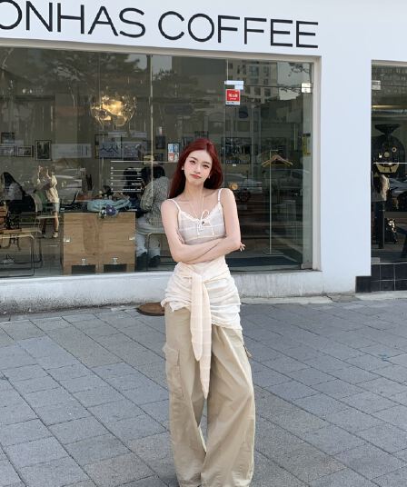 느슨함 센스 한국 스타일 레이스 캐미솔 랩스커트팬츠 드레스 스트레이트 넓은 다리 3 차원 자르기 캐주얼 바지 세트