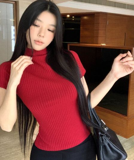 실사 정가 아메리칸 타이트 디스플레이 품격 연령 감소 반하이넥 티셔츠 패션 섹시함 다용도 반팔 다용도 긴 바지
