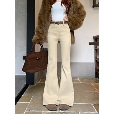 批发实拍实价 加绒加厚保暖复古百搭显瘦高腰微喇叭牛仔长裤