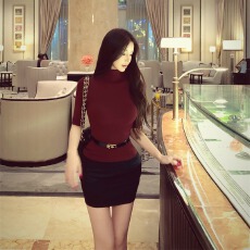 批发实拍实价 半高领<b class='q'>中袖</b>修身百搭紧身气质上衣百搭纯欲风丰胯半<b class='q'>裙</b>