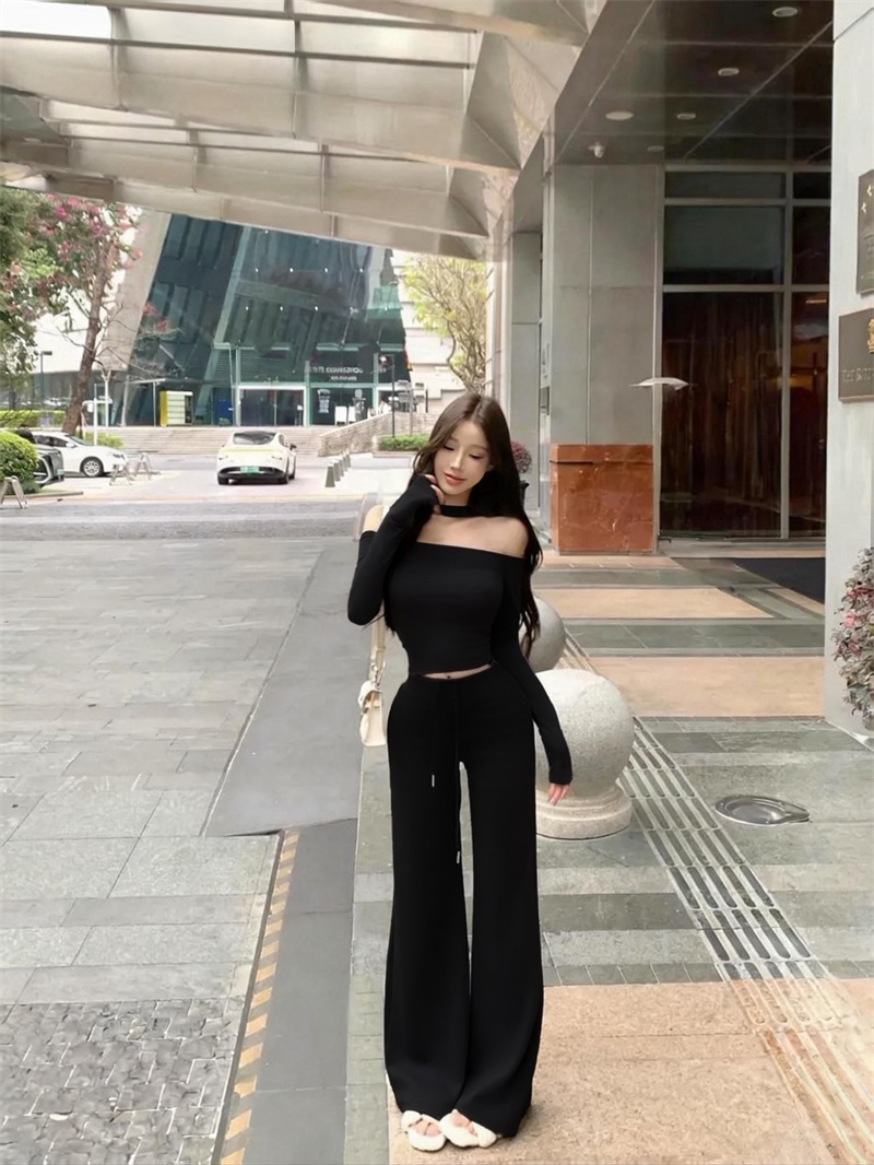 실사 정가 둘 착용 오프숄더 행침 목 쇼트 스타일 맨위 작은 대중 몸매 가꾸기 쇄골 티셔츠 다용도 넓은 다리 길이 바지