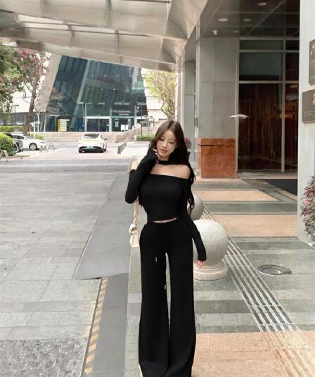 실사 정가 둘 착용 오프숄더 행침 목 쇼트 스타일 맨위 작은 대중 몸매 가꾸기 쇄골 티셔츠 다용도 넓은 다리 길이 바지