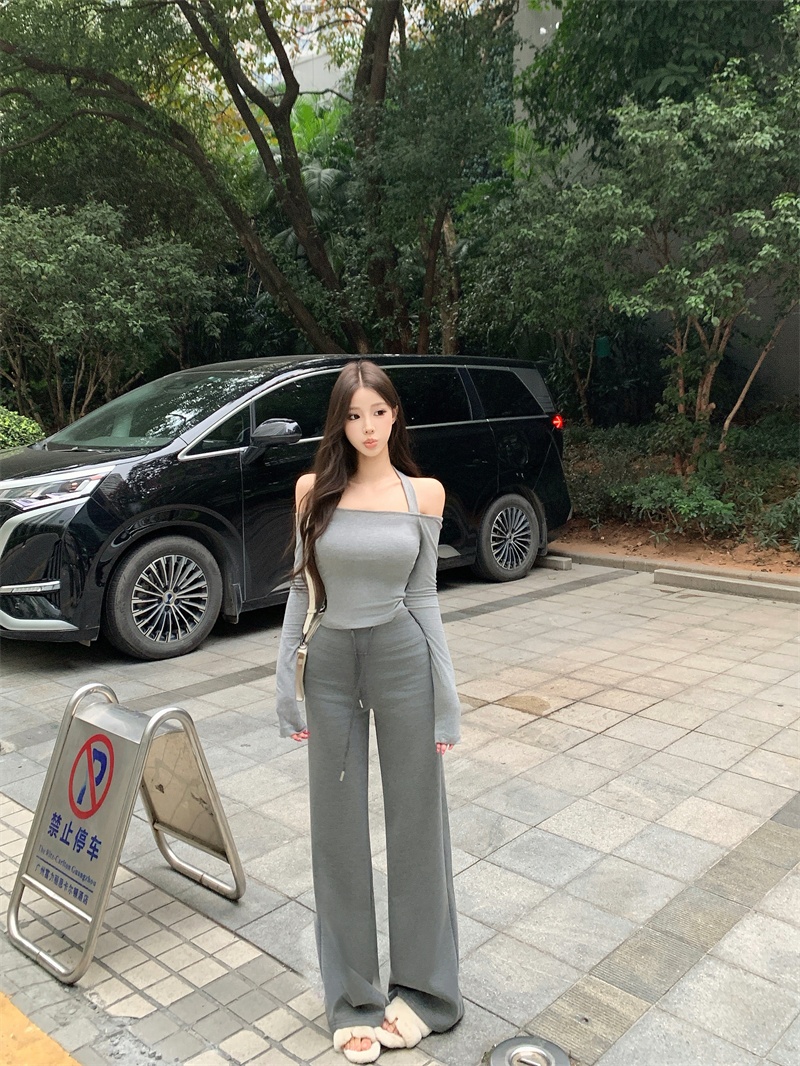 실사 정가 둘 착용 오프숄더 행침 목 쇼트 스타일 맨위 작은 대중 몸매 가꾸기 쇄골 티셔츠 다용도 넓은 다리 길이 바지