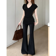 批发实拍实价 韩版V领<b class='q'>中长款</b>小飞袖修身收腰短袖上衣T恤百搭修身长<b class='q'>裤</b>