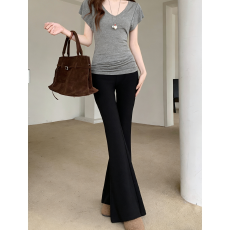 批发实拍实价 韩版V领<b class='q'>中长款</b>小飞袖修身收腰短袖上衣T恤百搭修身长<b class='q'>裤</b>