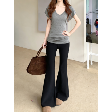 批发实拍实价 韩版V领<b class='q'>中长款</b>小飞袖修身收腰短袖上衣T恤百搭修身长<b class='q'>裤</b>