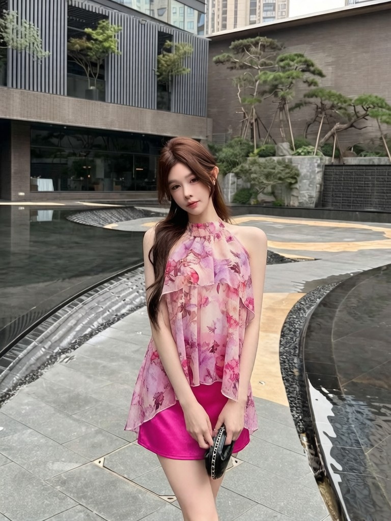 실사 정가 수채화 물감 헤일로 염색 유화 장미 프린트 쉬폰 톱 품격 반신 치마 세트