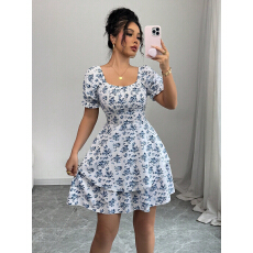 批发ebay亚马逊wish欧美跨境外贸女装法式方领蓝色碎花气质<b class='q'>连衣裙</b>