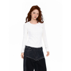 批发实拍1*1纯棉螺纹220克长袖t恤女装秋蕾丝花边<b class='q'>修身</b>打底衫圆领上衣