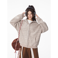 批发实拍大码女装长袖<b class='q'>t</b><b class='q'>恤</b>卫衣美式条纹拉链开衫<b class='q'>外套</b>秋季宽松连帽上衣