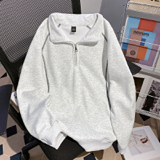 批发实拍<b class='q'>大码</b><b class='q'>女装</b>长袖t恤卫衣男薄款潮春秋明线装饰拉链新款立领上衣