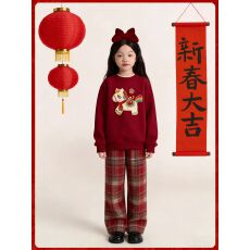 女童新年套装秋冬新款儿童女孩国风红色毛衣裤子大童中式马年衣服