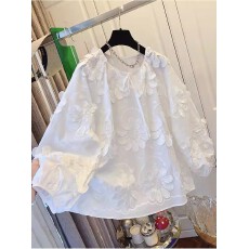 批发欧洲站2025年春秋新款复古时髦重工贴花系带甜美长袖宽松衬衫<b class='q'>女</b>潮