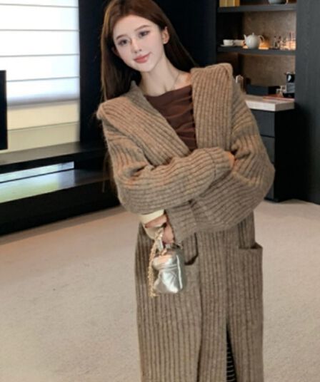 2026 새로운 레트로 부드러운 찹쌀 후드 긴팔 스웨터 여성 코트 가을 루즈핏 니트 오픈 가디건 캐주얼 롱 코트