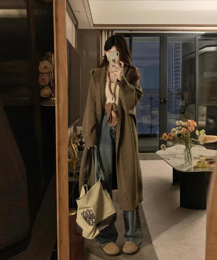 고급 센스 느긋한 윈디 이불 후드 스웨터 코트 가을 겨울 한국 스타일 루즈핏 다용도 두꺼운 니트 코트 여성