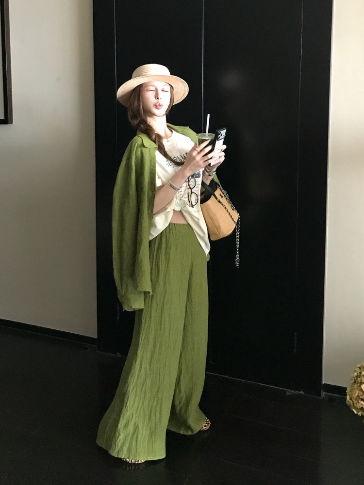 skk store 딜 Breeze 100 한 마 호흡 센스 캐주얼 셔츠 긴 바지 세트 여성 여름