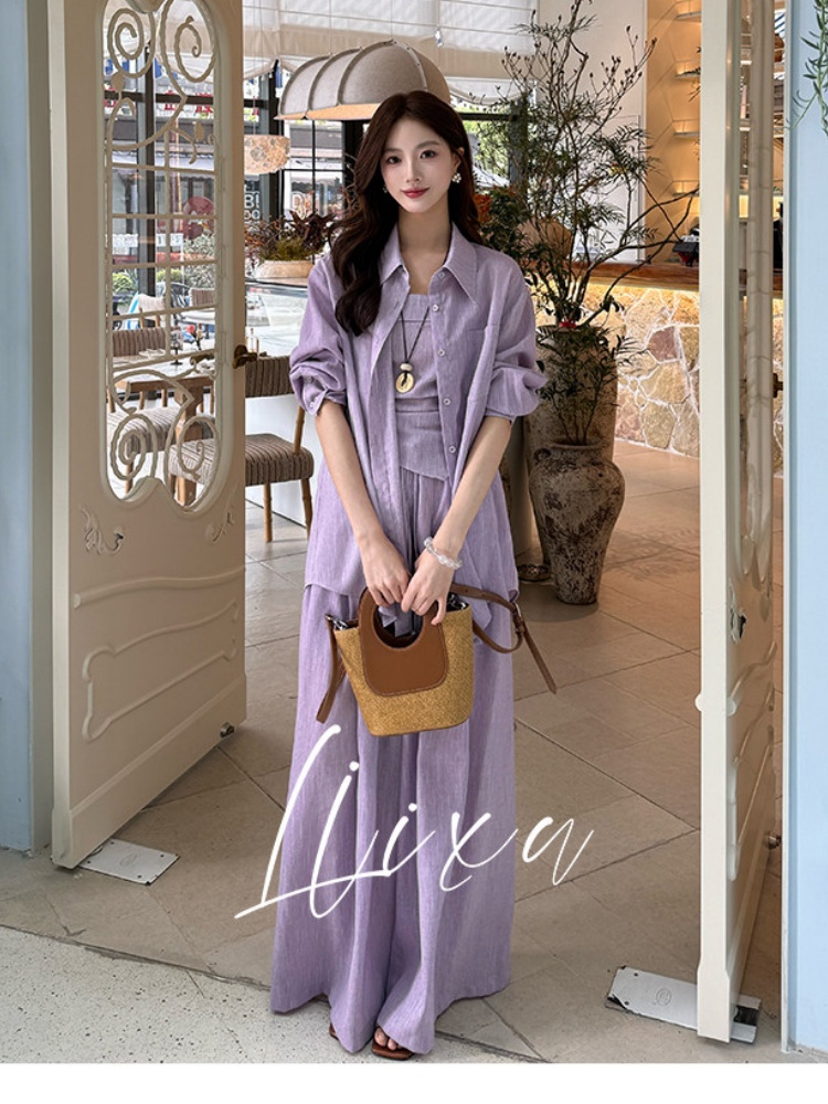 liixu 품격 연령 감소 느슨함 센스 3종 세트 여름 새로운 셔츠 슬립 와이드 레그 팬츠 캐주얼 출퇴근 세트