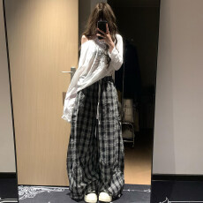 批发慵懒韩系休闲运动套装女夏季设计感百搭露肩<b class='q'>长袖</b>格子阔腿裤<b class='q'>两件套</b>
