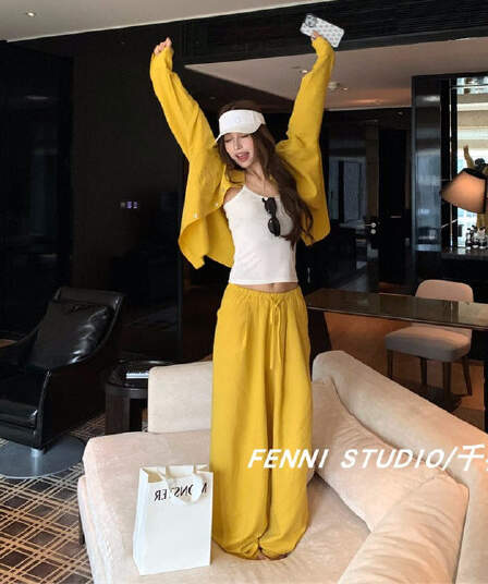 fenni studio 천년기 오리지널 주간 실크 아마 셔츠 세트 긴팔 자외선 차단 맨위 캐주얼 바지 긴 바지