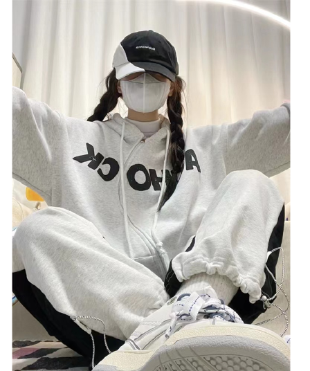 아메리칸 소년 센스 캐주얼 세트 가을 겨울철 루즈핏 느긋한 후드티 긴 바지 투피스 세트 있음 털이 있는 그리고 추가되지 않음 플러시