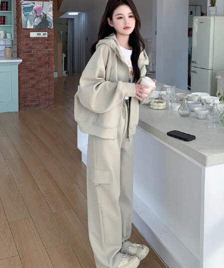 2026 고급 센스 여가 스포츠 슈트 가을 겨울철 재킷 와이드 레그 팬츠 투피스 세트 있음 털이 있는 그리고 추가되지 않음 플러시