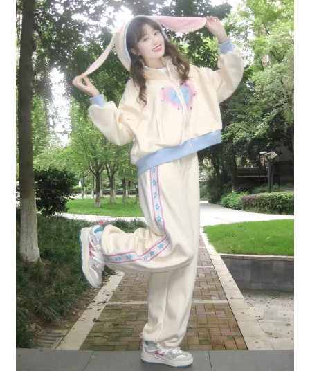 후드티 스포츠 슈트 가을 루즈핏 소금 부서 달콤함 토끼 귀 후드 투피스 세트 있음 털이 있는 그리고 추가되지 않음 플러시