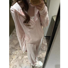 批发美式复古甜美拉链连帽粉色套装女2026秋<b class='q'>冬</b>新款百搭小众两件套上衣