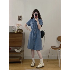 批发实拍～大码女装抽绳薄牛仔连衣裙新款中长款复古翻领收腰A字裙潮