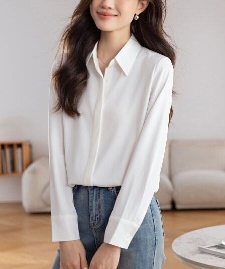 실사 새틴 여성 셔츠 디자인 센스 작은 대중 2026 새로운 봄 가을 고급 센스 품격 경력 흰 셔츠
