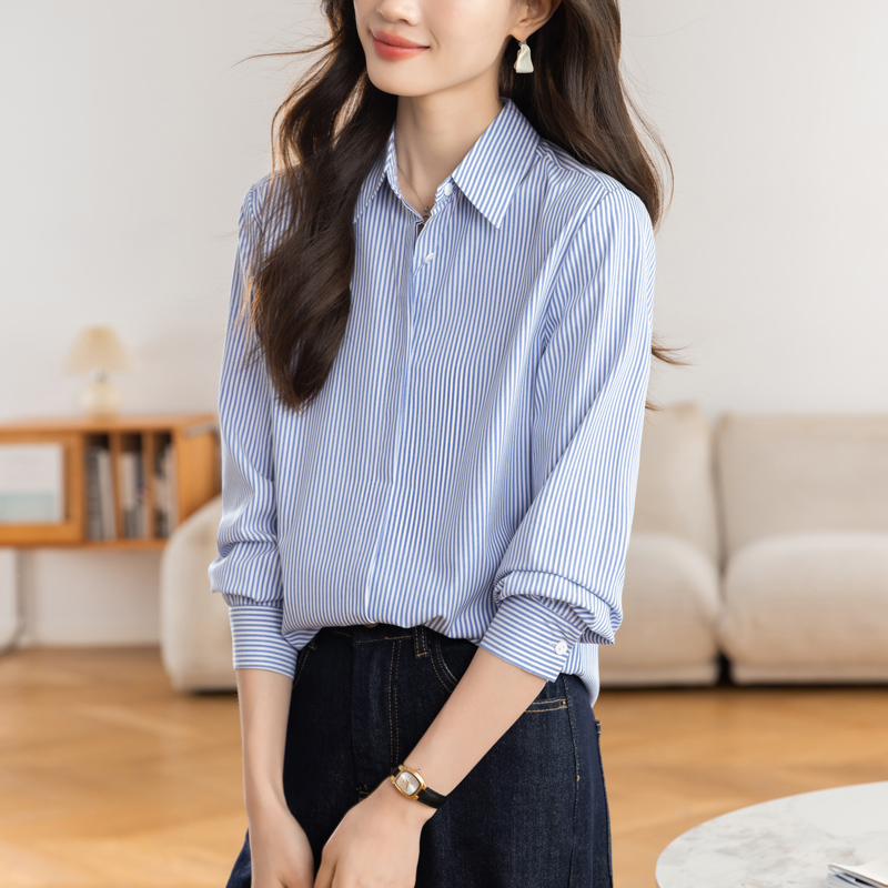 실사 미니멀리즘 스트라이프 셔츠 여성 긴 소매 2026 봄 가을 새로운