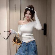 批发设计感飘带露肩长袖t恤女内搭打底衫2025秋季别致超好看短款上衣