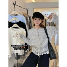 批发<b class='q'>韩版</b>小心机甜美减龄蕾丝花边抽绳系带设计感毛衣针织衫