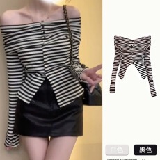 批发法式一字肩条纹毛衣女2025早秋季新款修身辣妹露肩开叉<b class='q'>针织衫</b>上衣