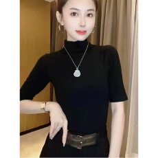 批发基础款简约纯色五分<b class='q'>袖</b><b class='q'>T</b><b class='q'>恤</b>女2025秋季新款半高领打底衫内搭上衣服