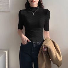 批发白色半高领中<b class='q'>袖</b>打底衫女内搭春秋季 2025新款紧身五七分<b class='q'>袖</b><b class='q'>t</b><b class='q'>恤</b>上衣