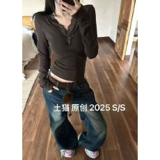 批发2025新款<b class='q'>韩版</b>时尚百搭显瘦蕾丝拼接V领长袖打底衫上衣女