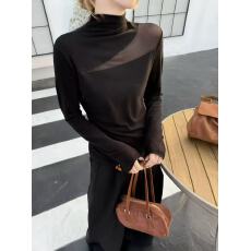 批发轻熟黑色长袖镂空网纱拼接长袖t恤女2025新款修身显瘦设计感上衣