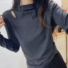 批发小心机镂空设计感长袖打底衫女2025秋冬新款加绒磨毛保暖<b class='q'>t</b><b class='q'>恤</b>上衣