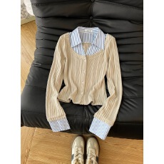 批发早秋独特超好看单穿<b class='q'>衬衫</b>！条纹<b class='q'>衬衫</b>女长袖翻领假两件高级感小上衣