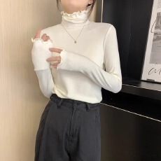 批发早秋冬季加薄绒磨毛叠穿<b class='q'>莫代尔</b>长袖t恤半高领木耳边上衣<b class='q'>打底衫</b>女