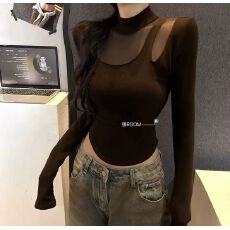 批发半高领<b class='q'>网纱</b>拼接长袖t恤女内搭<b class='q'>打底衫</b>2025秋冬季中领可外穿