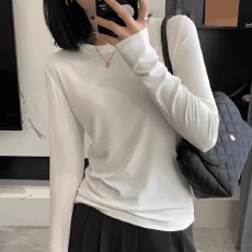 批发2025年早秋韩版显瘦百搭圆领修身内搭纯色打底衫女装白色长袖T恤