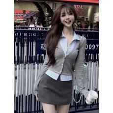 批发韩系撞色假两件长袖衬衫拼接针织开衫秋季性感收腰气质女士上衣