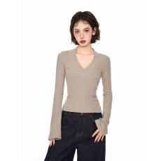 批发v领长袖内搭打底衫女早春秋修身紧身外穿<b class='q'>小衫</b>t恤2025新款针织上衣