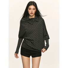 批发灰色条纹不规则蝙蝠袖毛衣女秋冬冬季修身针织衫<b class='q'>长袖</b>上衣