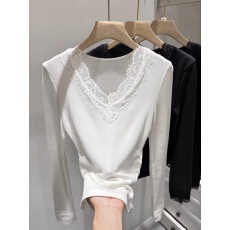 批发侧边褶皱<b class='q'>V领</b>蕾丝拼接加绒长袖打底衫女冬修身显瘦性感磨毛内搭<b class='q'>T</b><b class='q'>恤</b>
